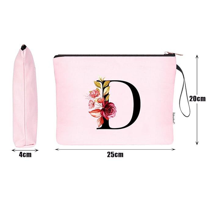 Vavabox A-Z Personalized Makeup Bag, Birthday Gifts for Women Mom, Gifts for Best Friend, Bride Bridesmaid Cosmetic bag (D, Pink)