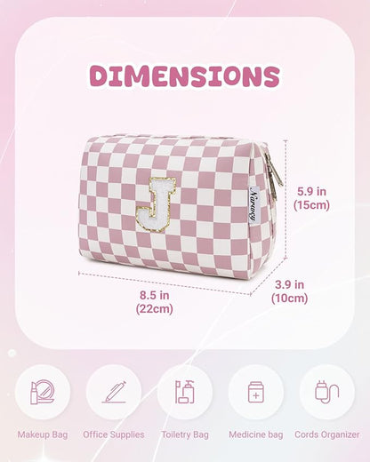 Narwey Birthday Gifts for Teen Girls Kids Women Personalized Initial Checkered Makeup Bag Pink Monogram Cosmetic Bag Trendy Stuff 6 8 10 11 12 13 14 16 18 Years Old Travel Toiletry Bag (Dusty Rose J)
