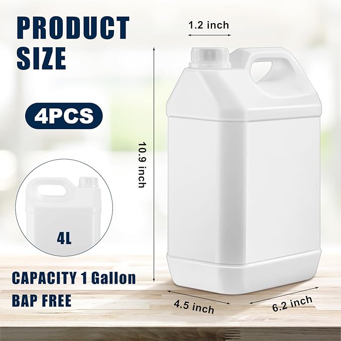Hoolerry 4 Pack 1 Gallon Plastic Jug with Child Resistant Lid Jugs with Ergonomic Handle Reusable Storage Containers, HDPE Construction for Residential or Commercial Use