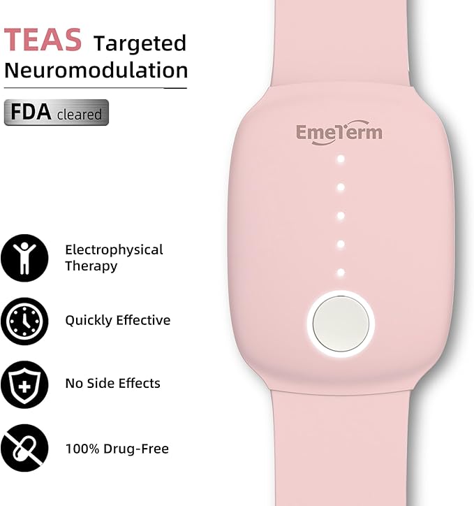 EmeTerm Fashion Pink Anti-Nausea Wristband Relieve Morning Motion Travel Sickness Rechargeable Drug Free Bands without Side Effects - Extra 2pack Conductive Gel