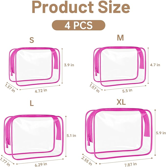 4 Pcs Clear Toiletry Bag, Portable Makeup Cosmetic Bags Pouch with Zipper, PVC Clear Travel Pouch for Women Men - Pink