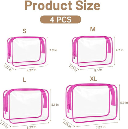4 Pcs Clear Toiletry Bag, Portable Makeup Cosmetic Bags Pouch with Zipper, PVC Clear Travel Pouch for Women Men - Pink