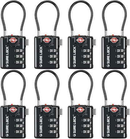 SURE LOCK TSA Compatible Travel Luggage Locks, Inspection Indicator, Easy Read Dials TSA Approved with Zinc Alloy (1, Black 8 Pack)