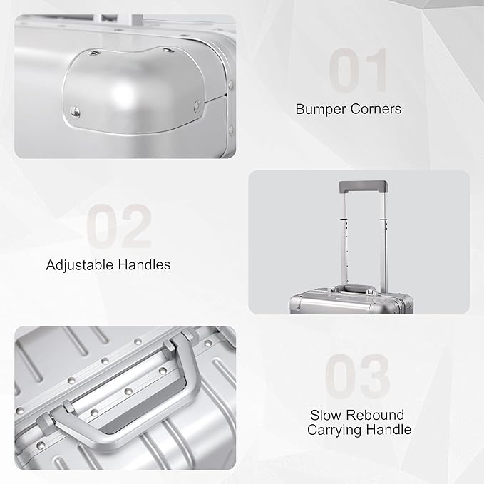 All Aluminum Carry On Luggage 22x14x9 Airline Approved，Zipperless Luggage Premium Aluminum Suitcase Luggage, Hard Shell Carry On Luggage with Spinner Wheels (silver, 20inch)
