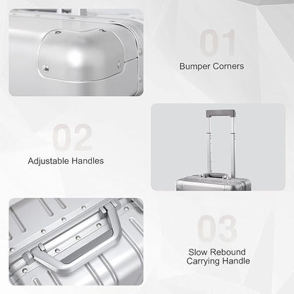 All Aluminum Carry On Luggage 22x14x9 Airline Approved，Zipperless Luggage Premium Aluminum Suitcase Luggage, Hard Shell Carry On Luggage with Spinner Wheels (silver, 20inch)