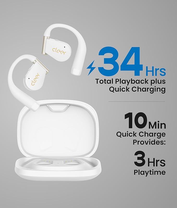 Cleer ARC 4 Plus Open Ear Earbuds,True Wireless Bluetooth Earphones with Dolby Audio and Head Tracking, Earhook Earbuds with 34H Playtime, IPX7 Waterproof Sports Headphones for Workout, EQ, White