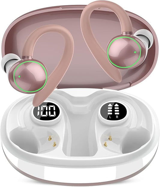 Wireless Earbuds, Bluetooth 5.4 Headphones Sport, Over Ear Buds With ENC Noise Cancelling Mic, 48H, Wireless Earphone With Earhooks, Stereo Deep Bass, IP7 Waterproof for Workout Running, Rose Gold