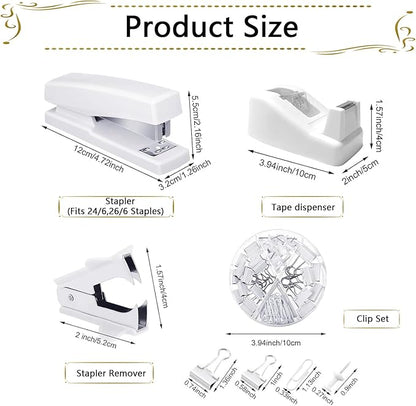 Office Supplies,Desk Accessories, Stapler and Tape Dispenser Set for Women with Stapler, Tape Dispenser, Staple Remover, Staples, Clips, Scissor and Tabs,Gift for Students, Coworkers