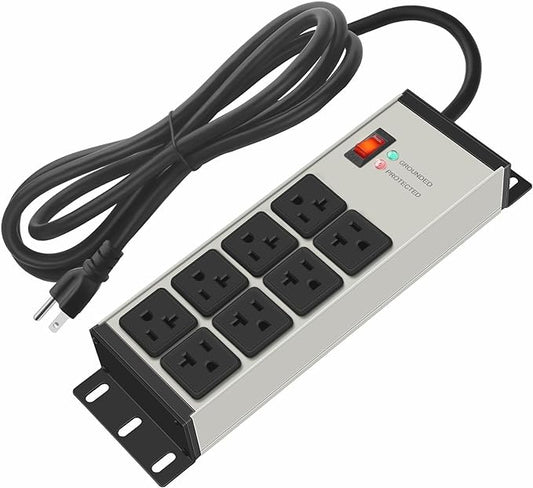 CCCEI Heavy Duty Power Strip Surge Protector 20 AMP, 8 Outlets 12 Gauge Industrial Shop Garage Metal Multiple Outlets, 15 FT Extension Cord 5-15P Adapter High Amp 6-20R T-Slot 20a for Appliance