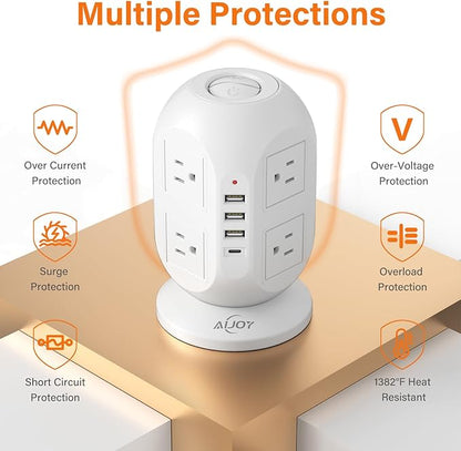 AiJoy Surge Protector Power Strip Tower with 8 Outlets 4 USB Ports(1 USB-C), 10 FT Flat Extension Cord with Multiple Outlets, Charging Tower with Surge Protection for Home Office Dorm Room Essentials