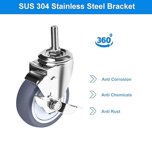 4 inch Stainless Steel Caster Wheels Heavy Duty, 3/8"-16x1 Threaded Stem Casters with Side Brake, Rust Resistant, Non-Marking TPR Rubber Wheels for Hospital, Lab,Furniture,Restaurant