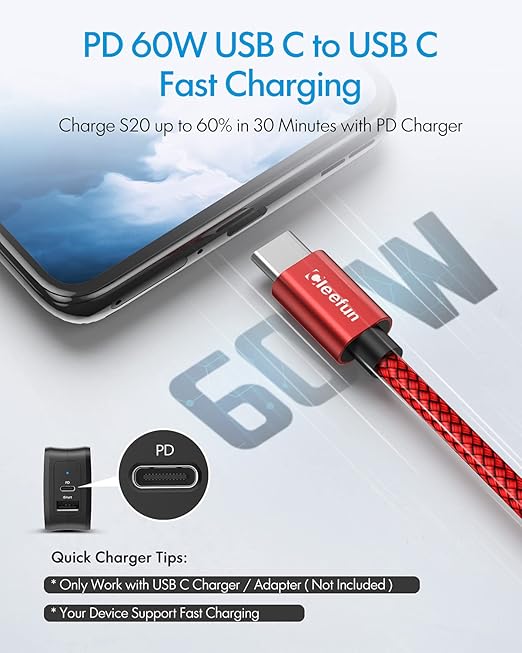 CLEEFUN USB C to USB C Cable 60W, USBC to USBC, [5-Pack, 6 ft] Type C to C Charger Cord Fast Charging for iPhone 16 15 Pro Max/Plus, for iPad/MacBook Pro/Air, for Samsung Galaxy S25 S24 S23