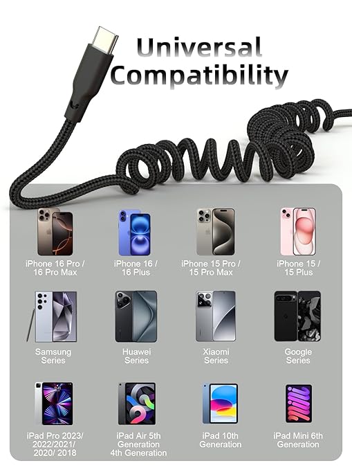 Car Carplay Cable 2Pack 3ft Coiled USB A to USB C Fast Charge Cord for iPhone 17/16/15/Plus/Pro Max/MacBook Pro, Auto Coiled Retractable iPhone Car Cord