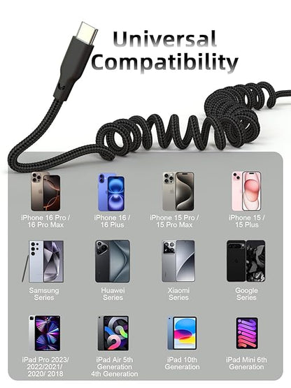 Car Carplay Cable 2Pack 3ft Coiled USB A to USB C Fast Charge Cord for iPhone 17/16/15/Plus/Pro Max/MacBook Pro, Auto Coiled Retractable iPhone Car Cord