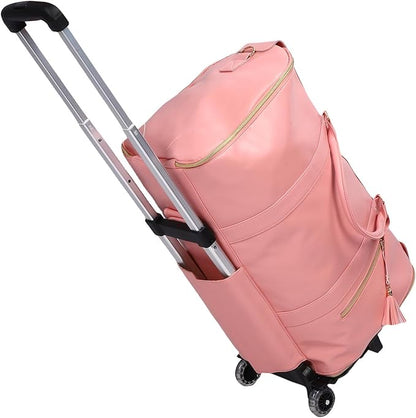 Fabater Travel Bag with Detachable Trolley, 40L Large Capacity water proof Rolling Garment Duffel Bag, with Leather Handle and Shock Absorbing Wheels, for Business Trip and Weekender (pink)