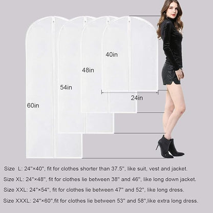 Garment Bags for Long Dresses,60in Clear Hanging Lightweight White Breathable Dust Proof Covers with Study Full Zipper for Clothes Storage Closet Pack of 6