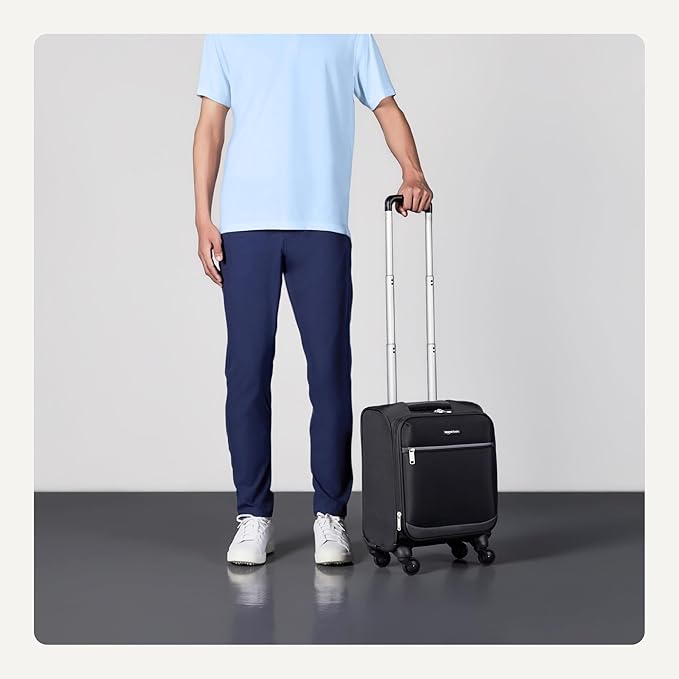 Amazon Basics Luggage, 15" Small Carry-On Softside Suitcase With Wheels, With Four 360-Degree Multi-directional Spinner Wheels, Expandable Space, Zippered Pocket and Straps, Telescopic Handle, Black
