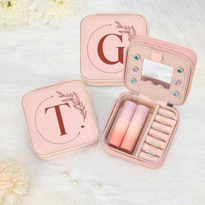 SANDJEST Personalized Jewelry Box, Pink Small Travel Jewelry Box with Initial T, Monogrammed Jewelry Case Organizer for Girls Women Teen, Mini Travel Essentials Gifts for Christmas Birthday