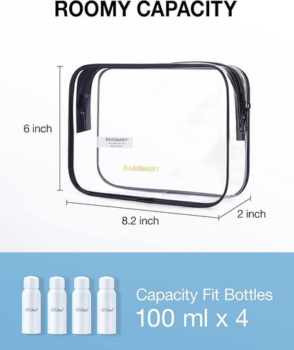 BAGSMART Clear Toiletry Bag, 2 Pack TSA Approved Travel Toiletry Bag Carry on Travel Accessories Bag Airport Airline Quart Size Bags Water Repellent Makeup Cosmetic Bag for Women (White-2pcs)