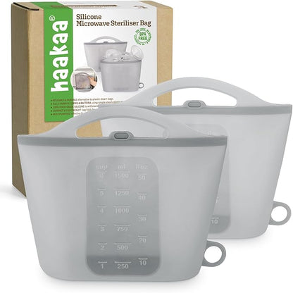 Haakaa On-The-Go Silicone Microwave Steam Sterilizer Bags for Travel, 50oz/1500mlReusable Silicone Steaming Bags for Baby Bottles, Breast Pump, Accessories, Pacifiers, Teethers,Grey/2PCS