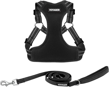 Best Pet Supplies Voyager Mesh Dog Breathable Harness Reflective Stitching, All Weather Adjustable for Walking Training, or Running - Heavy Duty & Durable, Harness Leash Set (Black), L