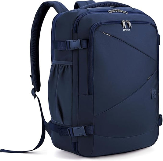 ECOHUB Carry On Travel Backpack, Expandable Airlines Personal Item Bag 18x14x8, Water Resistant 17 inch Laptop Backpack Flight Approved, 12 Pockets 30L Work Backpacks with Wet Pocket Cable Slot, Blue