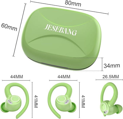 Wireless Earbuds, Bluetooth 5.4 Headphones Sport, Over Ear Buds With ENC Noise Cancelling Mic, 48H, Wireless Earphone With Earhooks, Stereo Deep Bass, IP7 Waterproof ear bud for Workout Running, Green