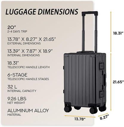 20 Inch All Aluminum Carry On Luggage 22x14x9 Airline Approved with Spinner Wheels,Hard Shell Zipperless Lightweight Small Suitcase with TSA Approved for Travel Business Women Men,Black