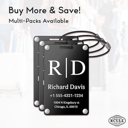 Personalized Luggage Tags for Suitcases - Monogram Style Aluminum Custom Luggage Tags for Backpacks & Bags, Sturdy, Waterproof & Heavy Duty (Black/Card-Sized)