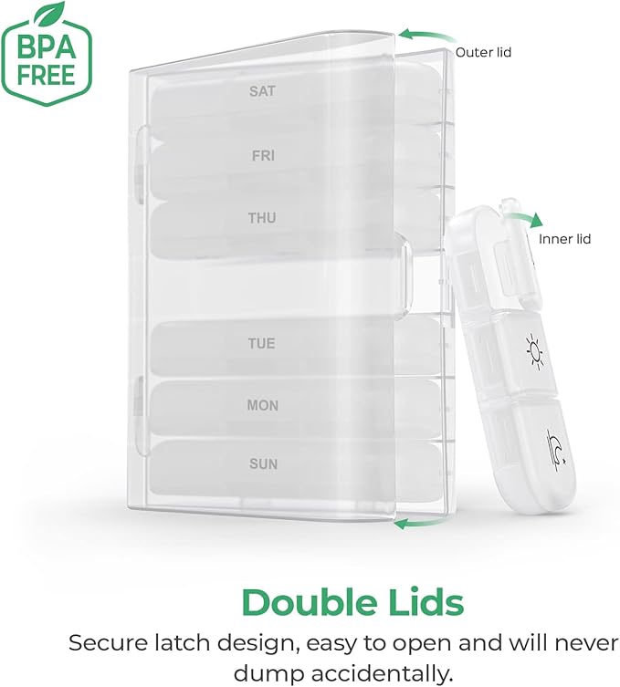 PULIV Weekly Pill Organizer 3 Times a Day, Portable Travel Pill Box 7 Day with Large Pill Containers, Light-Proof Pill Case for Vitamins, Medication, Supplements and Fish Oils (White)