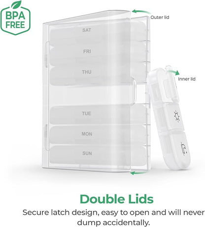 PULIV Weekly Pill Organizer 3 Times a Day, Portable Travel Pill Box 7 Day with Large Pill Containers, Light-Proof Pill Case for Vitamins, Medication, Supplements and Fish Oils (White)