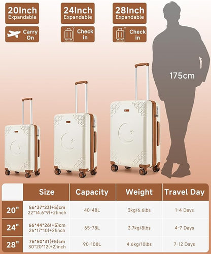 Somago Expandable 2-Piece Luggage Sets 20"/24" Suitcases with Shock-Absorbing Braking Spinner Wheels Moon Star Design Hard Shell Suitcase with Cupholder TSA Lock (Beige White,Expandable 20/24 Inch)