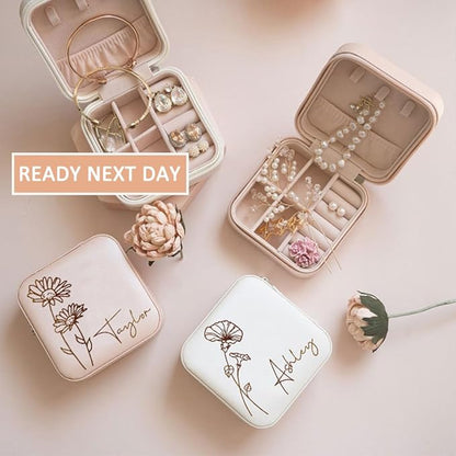 DayOfShe Personalized Travel Jewelry Box with Name and Birth Flower,Personalized Bridesmaid Gifts for Women Custom Small Travel Jewelry Case Stocking Stuffers Women Teen Girls Gifts