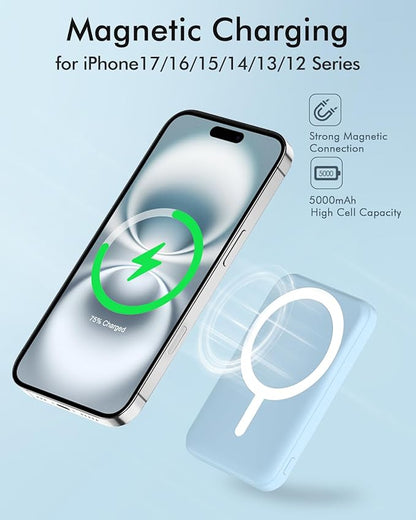 podoru for Magsafe Battery Pack, 5000mAh Magnetic Power Bank with Type-C Cable 20W PD Fast Charging Lighting Input Wireless Portable Charger for iPhone 17/16/15/14/13/12/ All Series-Sierra Blue