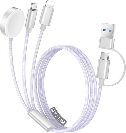 Temdan for Travel Vacation Essentials,3 in 2 USB C Cable for Apple Watch Charger/iPhone 17 Charger/Lightning,Multi Charging Cable Cord,Camping Essentials,Designed for iWatch &iPhone 16-12-5FT Purple