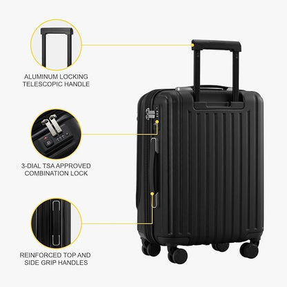 LEVEL8 Grace Carry On Luggage Airline Approved, 20 Inch Expandable Hardside Carry On Suitcase With Wheels, Abs+Pc Small Luggage with Tsa Lock, Black, 20-Inch