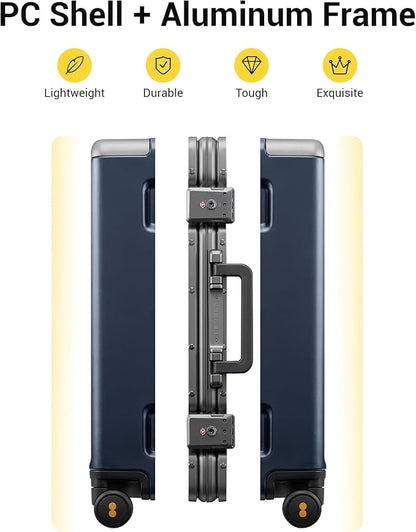 LEVEL8 Carry On Luggage Airline Approved Zipperless with Aluminum Frame, Hard Case Luggage with Spinner Wheels, Metal Travel Suitcase with Packing Organizers, 20 Inch, Blue