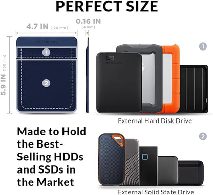 2-Pocket Adhesive Pouch for Laptop, Compatible with External 2.5" HDD, SSD, Magic Mouse, USB Cable and More - Blue