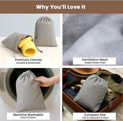 LFH Cotton Rich Shoe Storage Bags with Drawstring, Dustproof Breathable Reusable Organizer, Perfect For Travel, Dorm, Hotel, College, Gym, Easy to Carry, Machine Washable 12"x17" (Pack of 4) - Grey