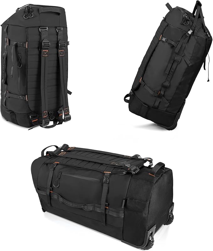 CONTAIL 86L Wheeled Duffel Bag, Soft Shell with Adjustable Web Handles, Carry On Size 29.5x14.2x12.6in, Foldable with Dual Wheels & Shoe Compartment,Black