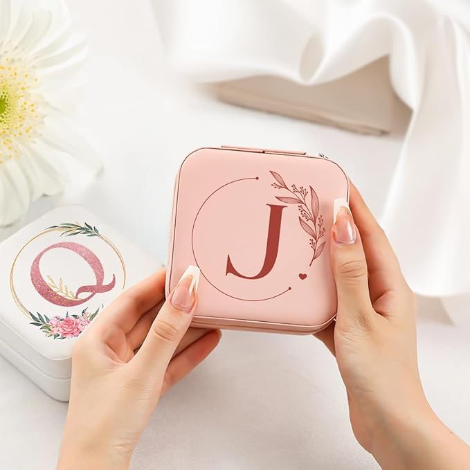 SANDJEST Personalized Jewelry Box, Pink Small Travel Jewelry Box with Initial J, Monogrammed Jewelry Case Organizer for Girls Women Teen, Mini Travel Essentials Gifts for Christmas Birthday