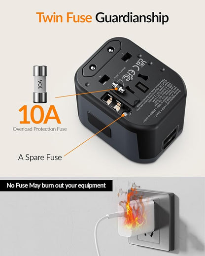 SooPii Universal Travel Adapter,Power Converters with 1 USB C and 2 USB A Ports, 7 in 1 Worldwide Travel Plug Adapter Wall Charger,International Power Adapter for EU, USA, UK, AUS,Asia etc(Black)