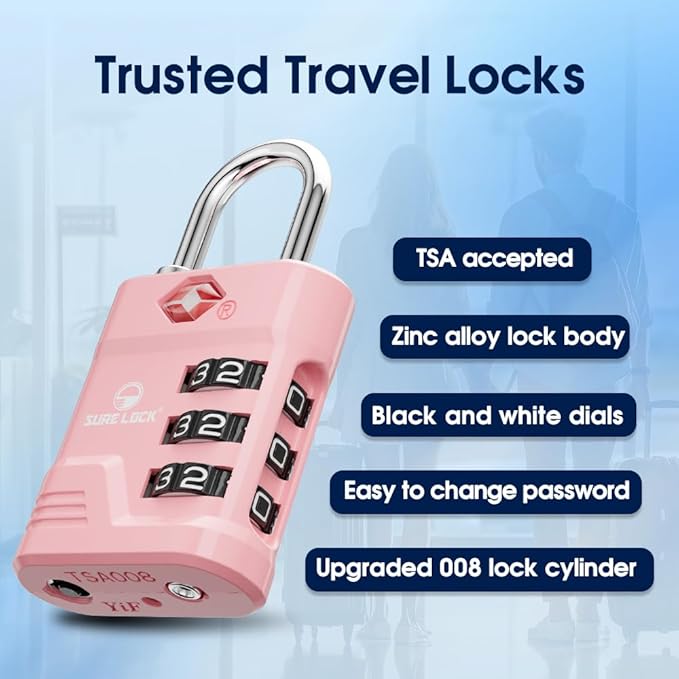SURE LOCK TSA Locks for Luggage, TSA Approved Luggage Locks with Open Alert, 008 Key for High Security, Easy Read Dials, Zinc Alloy Body, Locker Lock for Suitcase, Gym, Travel.(Pink 2 pk)