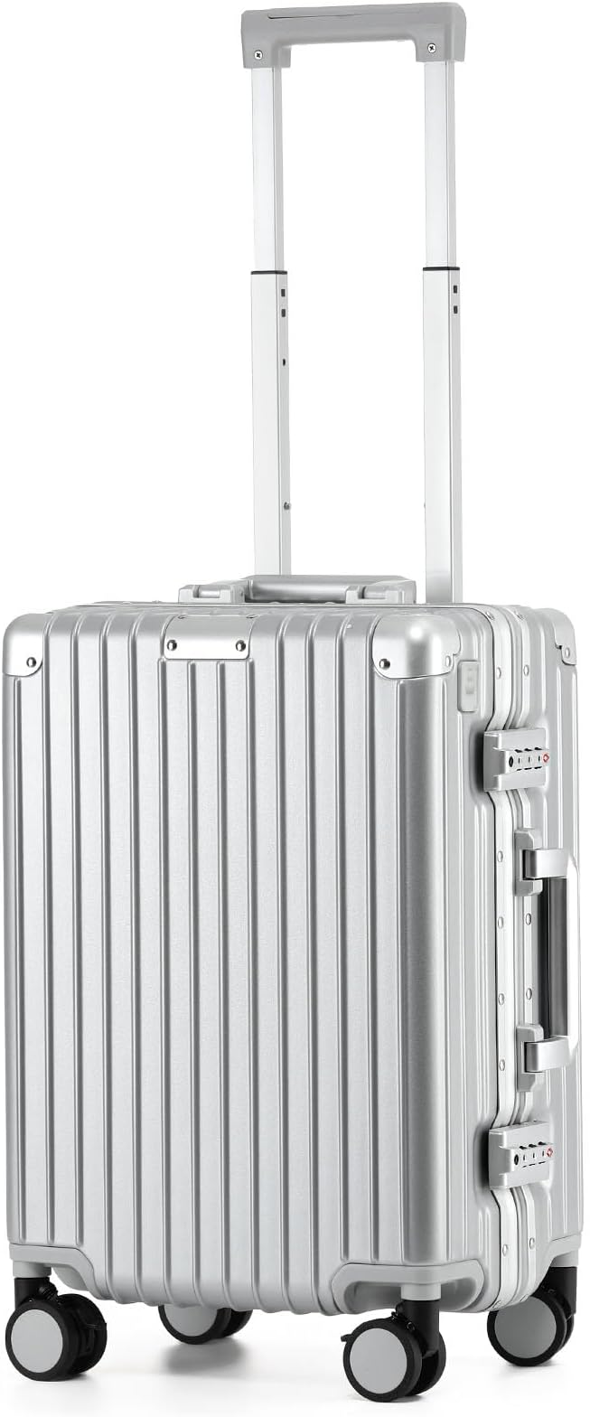 20 Inch Aluminum Frame Carry On Luggage 22x14x9 Airline Approved with Spinner Wheels,Zipperless Hard Shell Small Rolling Suitcases with TSA Approved USB Port,Cup & Phone Holder,Silver