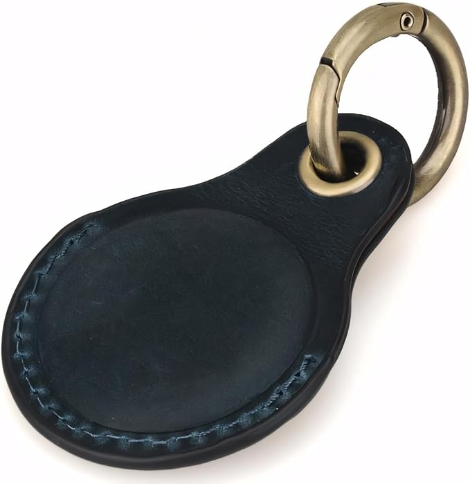 Genuine Leather AirTag Keyring Holder Compatible with Apple AirTag Keychain, Anti Lost Secure Key Ring Case for Keys Pet Collar Luggage Bag Travel, Scratch Resistant Protective Air Tag Key Chain, Blue