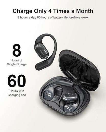 Open Ear Headphones Wireless Bluetooth 60H Playtime, IPX7 Waterproof Open Ear Earbud with Ear Hooks, Running Headphones Bluetooth 5.4 Ear Buds with Mic, Sport Headset for Cycling, and Workouts, Black