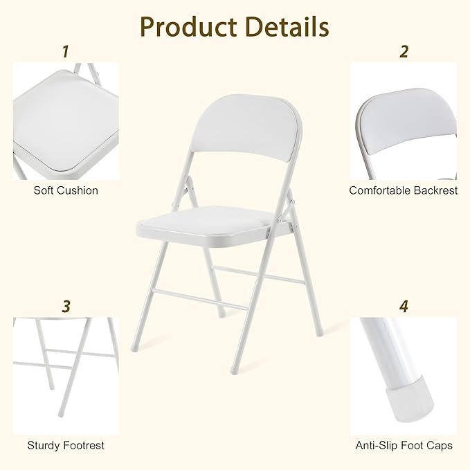 6 Pack White Folding Chairs with Comfortable Cushion and Back, Portable & Foldable Indoor Outdoor Chairs with Durable Metal Frame for Office/Party/Events/Kitchen/Dinning/Wedding, 330lbs Capacity