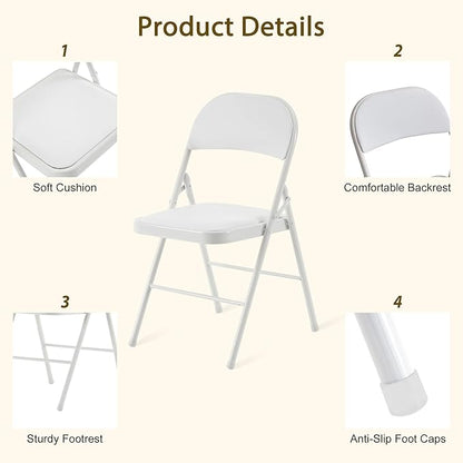 10 Pack Folding Chairs with Padded Cushion and Back, White Portable Heavy Duty Metal Frame Commercial Seat with 330-LBS Capacity for Indoor Outdoor Office Party Events Kitchen Wedding
