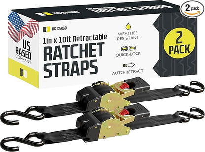 DC Cargo Mall Auto Retractable Ratchet Straps (2-Pack) 1” x 10ft, Heavy Duty, 1,209lb Break Strength – Tie Down Straps for Cargo, Truck, Trailer, Motorcycle, Boat