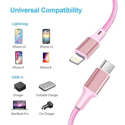 cugunu USB C to Lightning Cable 5 Pack 3/3/6/6/10FT iPhone Charger Apple MFi Certified Power Delivery Fast Charging Cord Compatible with iPhone 14/13/12/11/XS/XR/X/8 - Pink